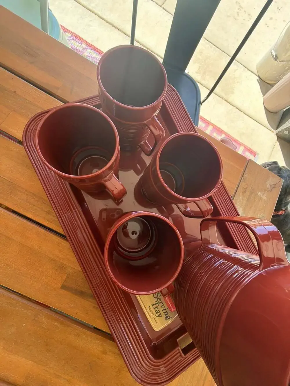 Vintage Rubbermaid Brown Ribbed Pitcher, 4 Mugs, and Serving Tray No. 3810 Set